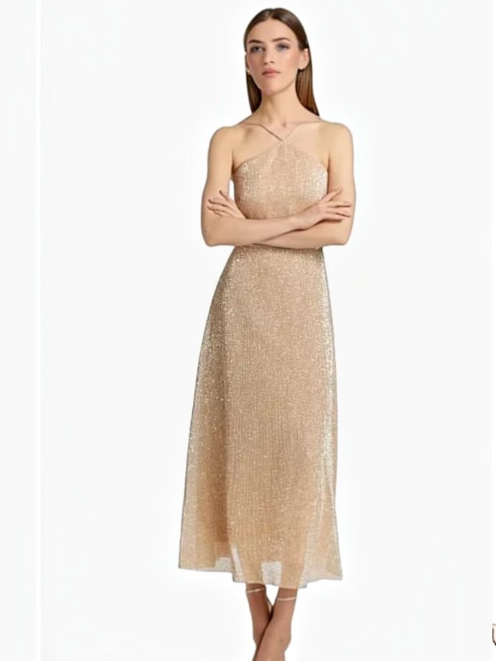 Gold Sequin Halter Midi Dress Size 12 Formal Wedding Guest Evening Gown